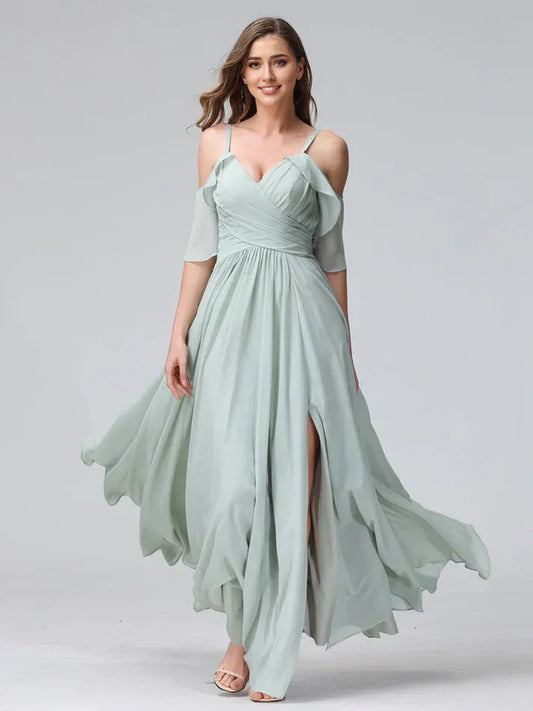 Chiffon High Slit Mini Wedding Dress - Yihuiw by Yihuiw