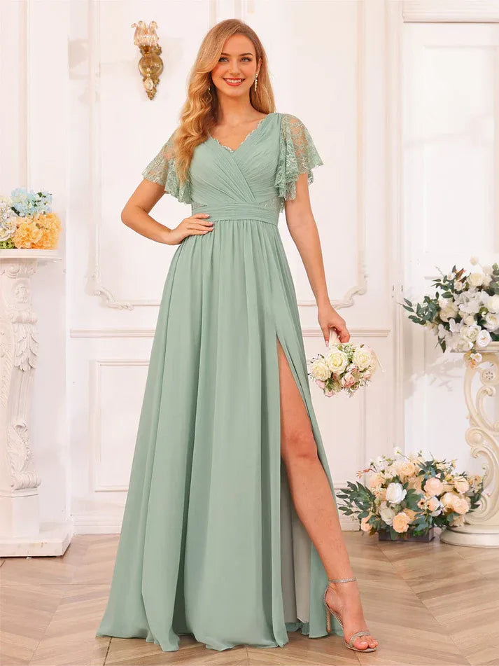 Empire Waist High Neck Chiffon High Slit Mini Wedding Dress - Yihuiw by Yihuiw