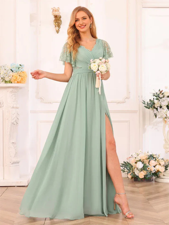 Empire Waist High Neck Chiffon High Slit Mini Wedding Dress - Yihuiw by Yihuiw