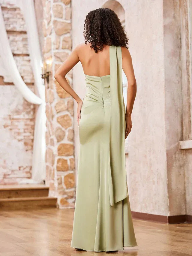 Mermaid Halter Satin High Slit Wedding Dress - Yihuiw by Yihuiw
