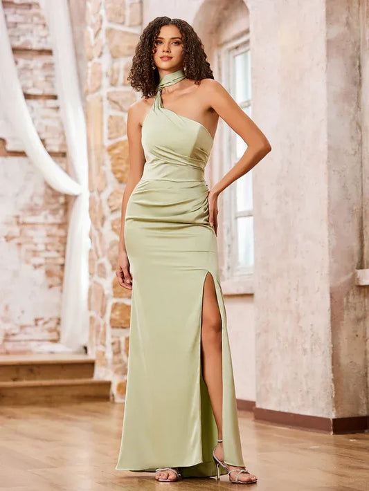 Mermaid Halter Satin High Slit Wedding Dress - Yihuiw by Yihuiw
