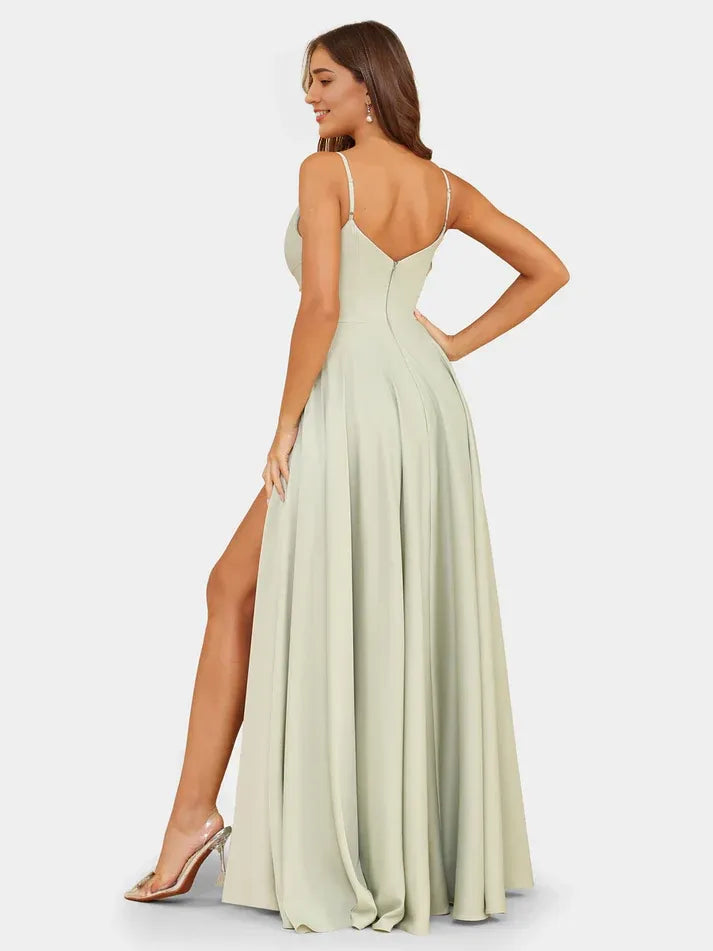 Spaghetti Strap Satin High Slit Wedding Dress - Yihuiw by Yihuiw