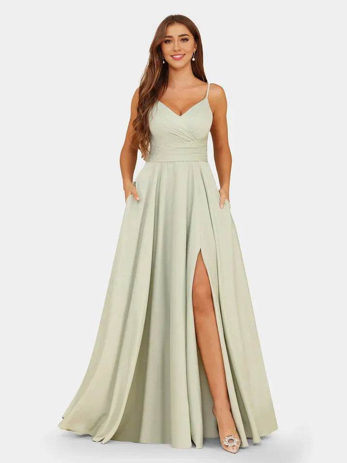 Spaghetti Strap Satin High Slit Wedding Dress - Yihuiw by Yihuiw