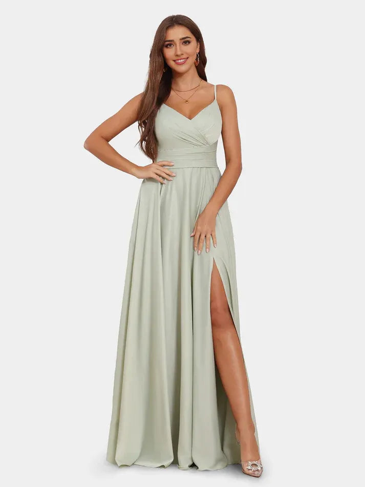 Spaghetti Strap Satin High Slit Wedding Dress - Yihuiw by Yihuiw