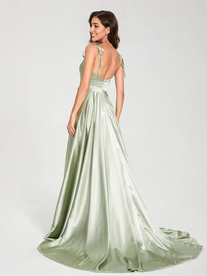 Spaghetti Strap Satin High Slit Wedding Dress - Yihuiw by Yihuiw