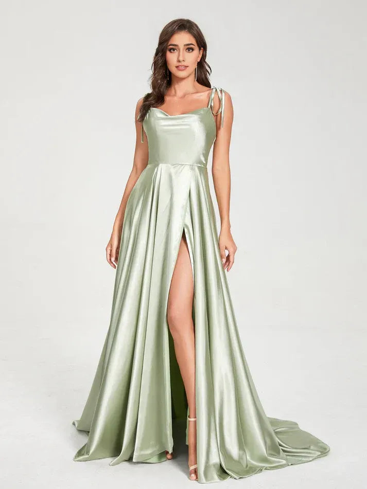 Spaghetti Strap Satin High Slit Wedding Dress - Yihuiw by Yihuiw