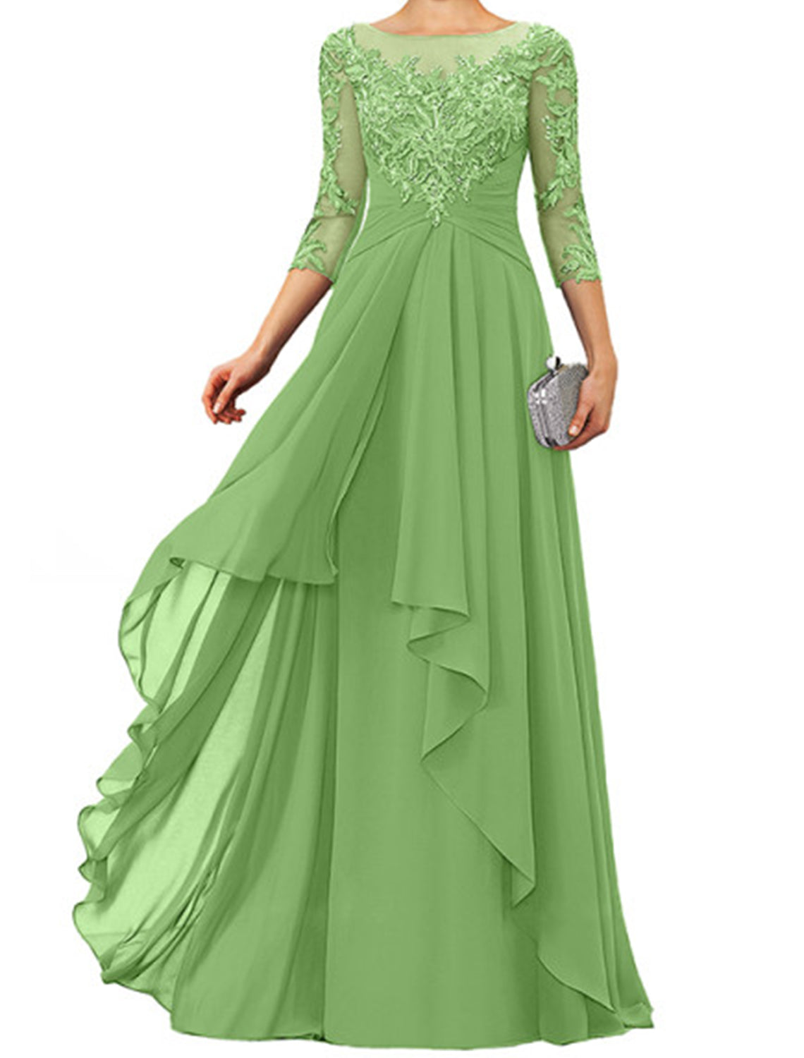 Sheath / Column Mother of the Bride Dress Elegant Jewel Neck Floor Length Chiffon Lace 3/4 Length Sleeve with Appliques by YiHuiw