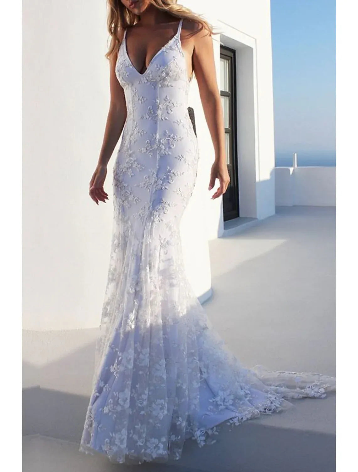 Mermaid Spaghetti Strap Lace Floor-Length Wedding Dress - Yihuiw by Yihuiw