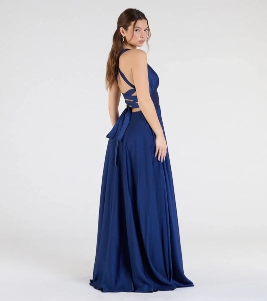 A-Line Halter Lace Lace-Up Back High Slit Floor-Length Wedding Dress - Yihuiw by Yihuiw