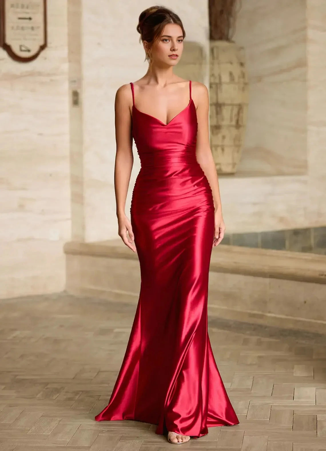 Satin Mermaid Plunging V Neck Spaghetti Strap Crisscross Lace Up Back Floor Length Female Evening Dress by YiHuiw