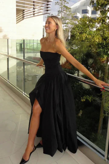 Black Strapless Satin Prom Dress with High Slit and A-Line Silhouette