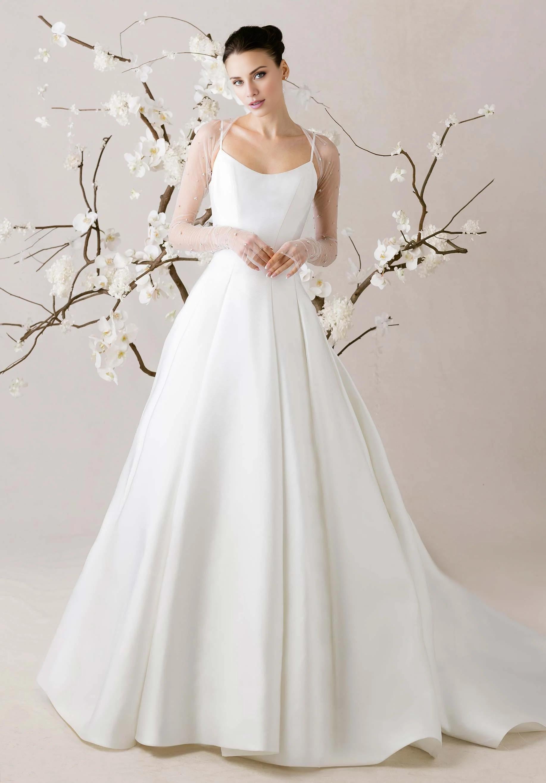 Ball Gown Satin Long Sleeve Open Back Beaded Wedding Gown - Yihuiw by Yihuiw