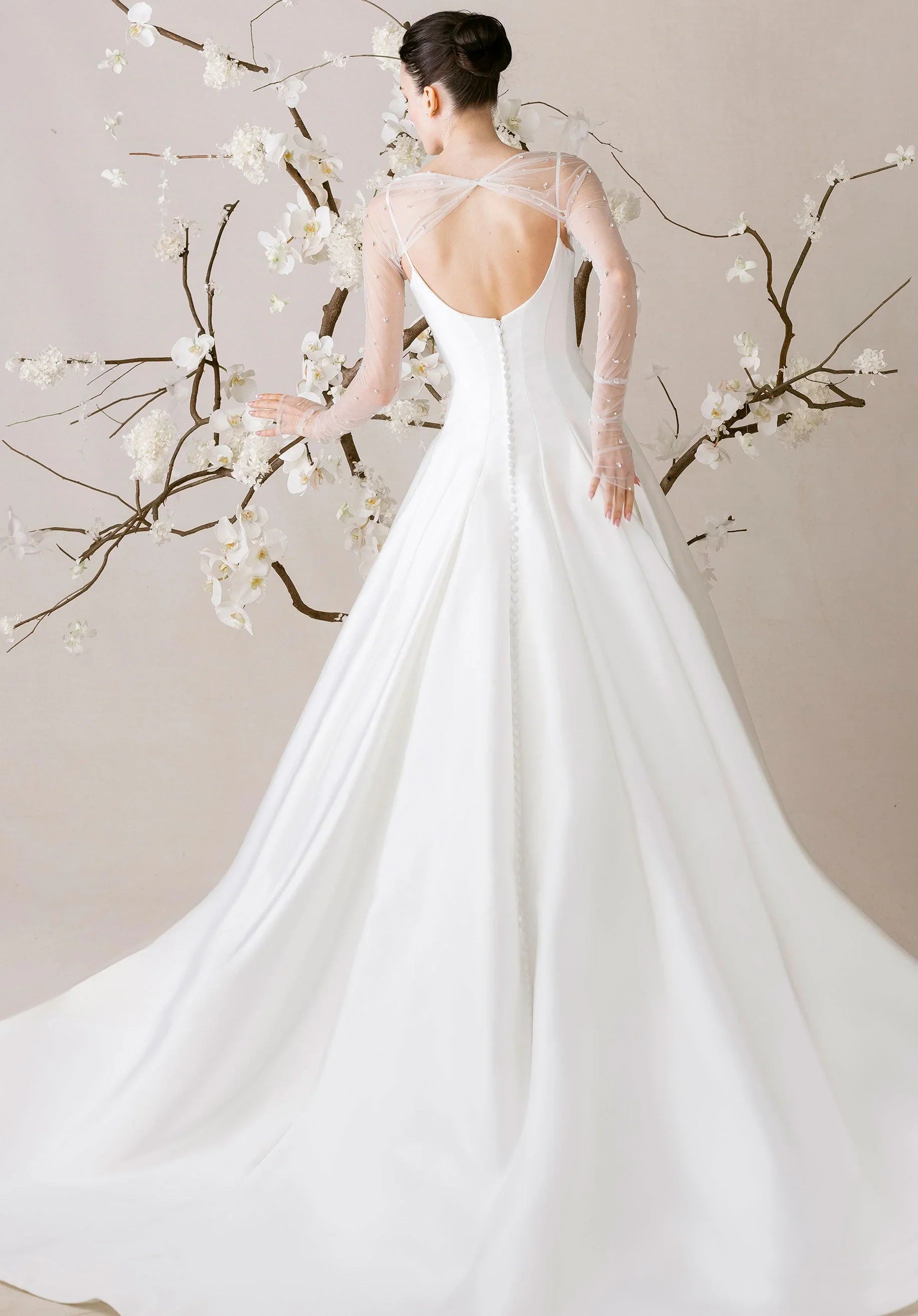 Ball Gown Satin Long Sleeve Open Back Beaded Wedding Gown - Yihuiw by Yihuiw