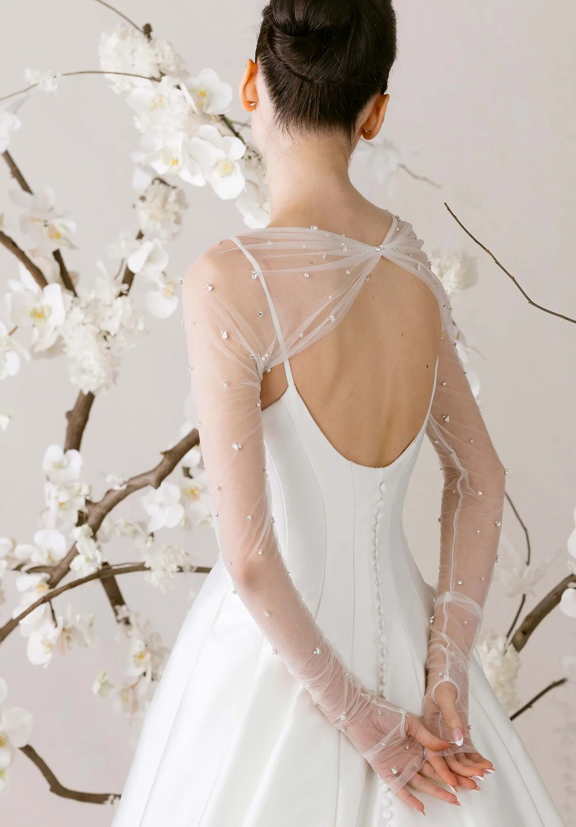 Ball Gown Satin Long Sleeve Open Back Beaded Wedding Gown - Yihuiw by Yihuiw
