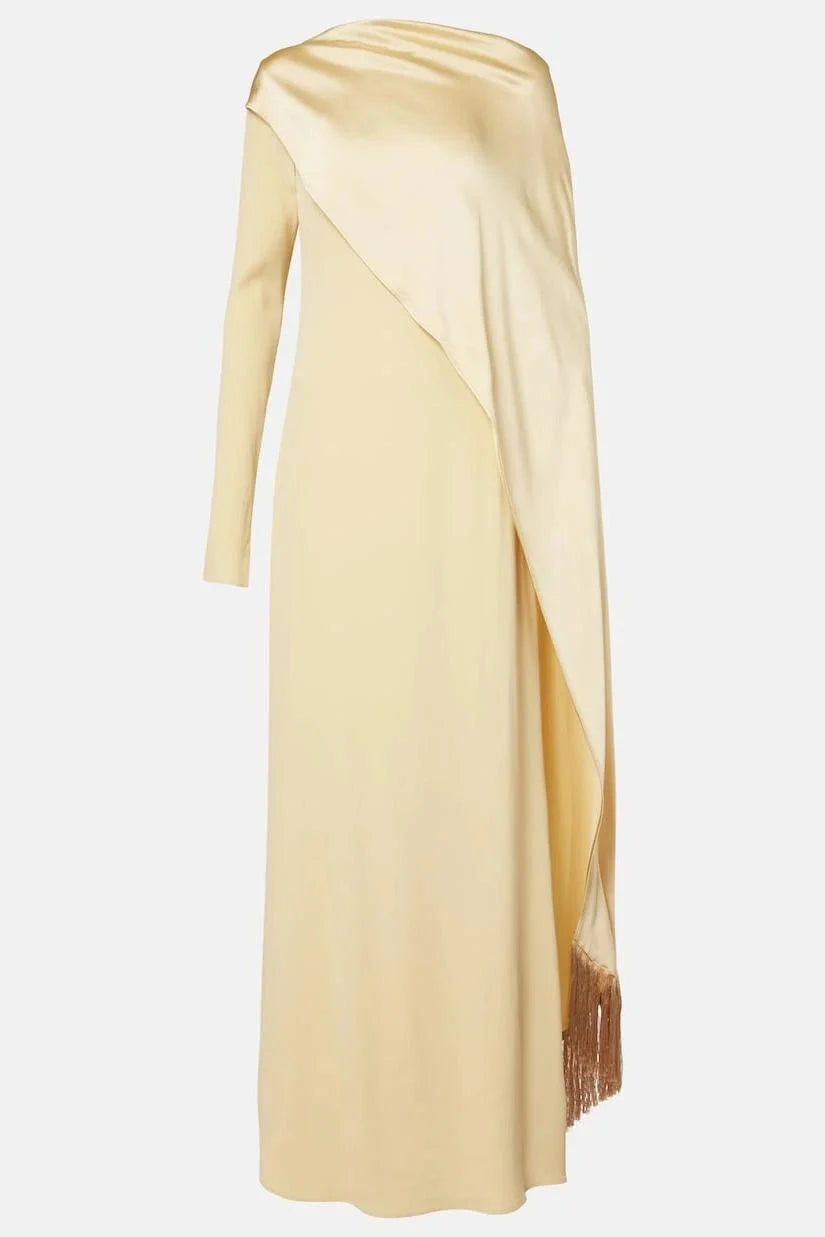 Satin Cape Sleeve Tassel Maxi Dress simple gentle atmospheric and unique desi Bring summer colors to enhance whiteness by YiHuiw