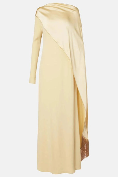 Satin Cape Sleeve Tassel Maxi Dress simple gentle atmospheric and unique desi Bring summer colors to enhance whiteness by YiHuiw