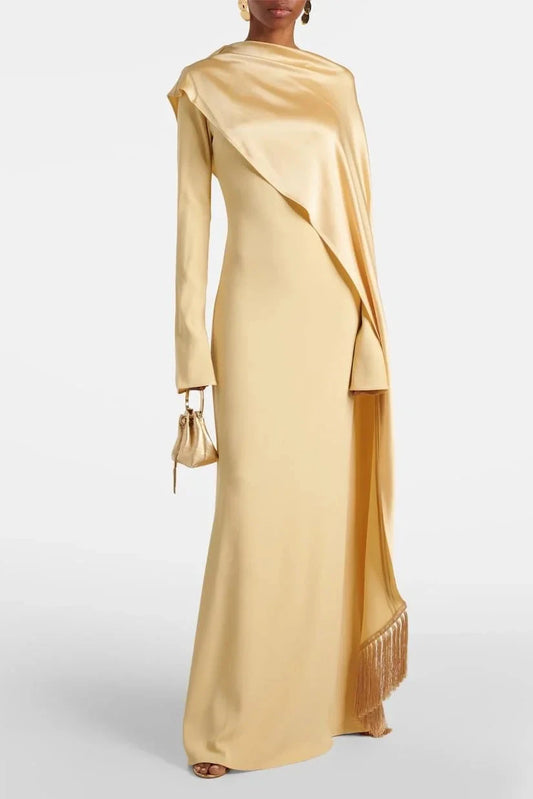Satin Cape Sleeve Tassel Maxi Dress simple gentle atmospheric and unique desi Bring summer colors to enhance whiteness by YiHuiw