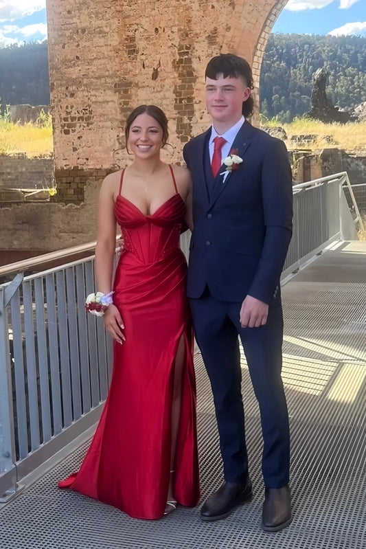 Satin Corset Prom Dresses with Spaghetti Straps, Lace-Up Back and High Slit Mermaid Train Formal Gown by JiMiss Dresses