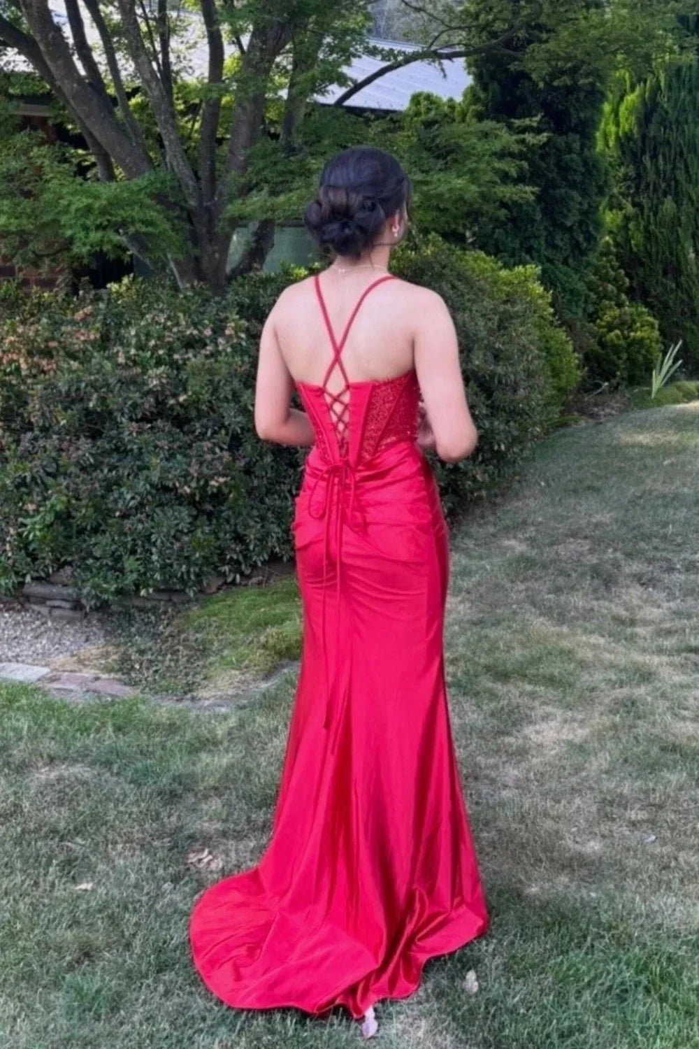 Satin Corset Prom Dresses with Spaghetti Straps, Lace-Up Back and High Slit Mermaid Train Formal Gown by JiMiss Dresses