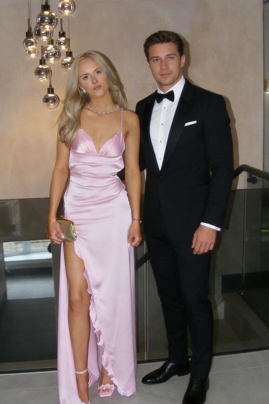 Satin Cowl-Neck Prom Dress with Spaghetti Straps, High Thigh Slit & Low Cross-Back by JiMiss Dresses