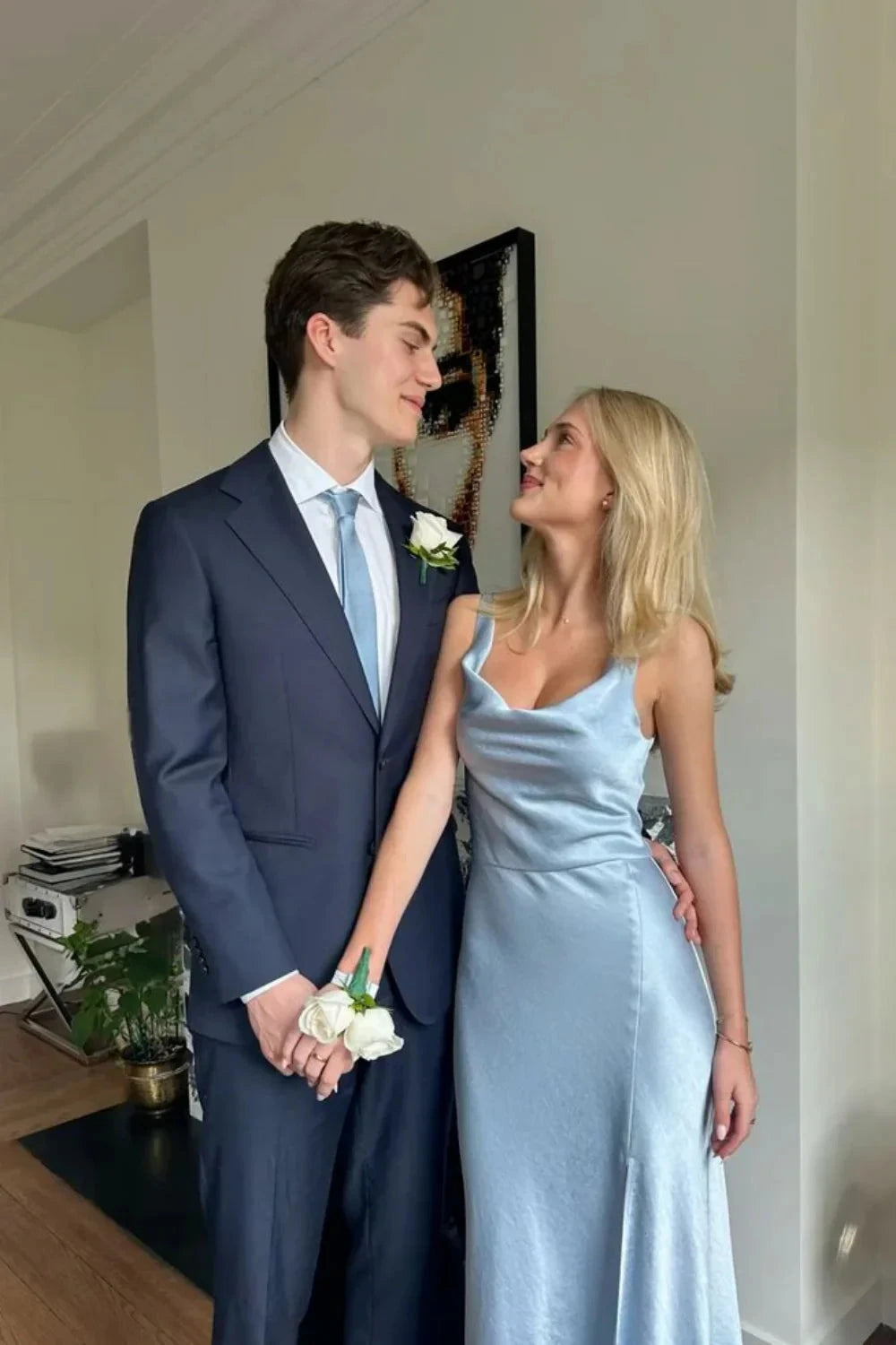 Satin Cowl Neck Prom Dresses with Spaghetti Straps, Open Back and Mermaid Train Formal Gown by JiMiss Dresses