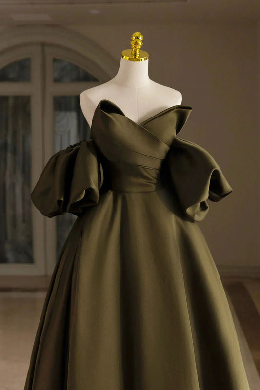 Satin Floor Length Party Dress A-Line Puffy Short Sleeve Evening Prom Dress simple gentle atmospheric and unique desi Bring summer by YiHuiw
