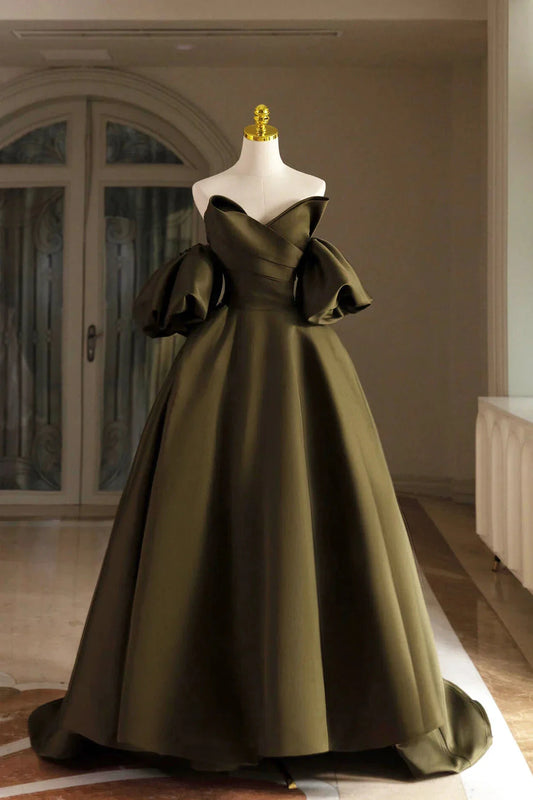 Satin Floor Length Party Dress A-Line Puffy Short Sleeve Evening Prom Dress simple gentle atmospheric and unique desi Bring summer by YiHuiw