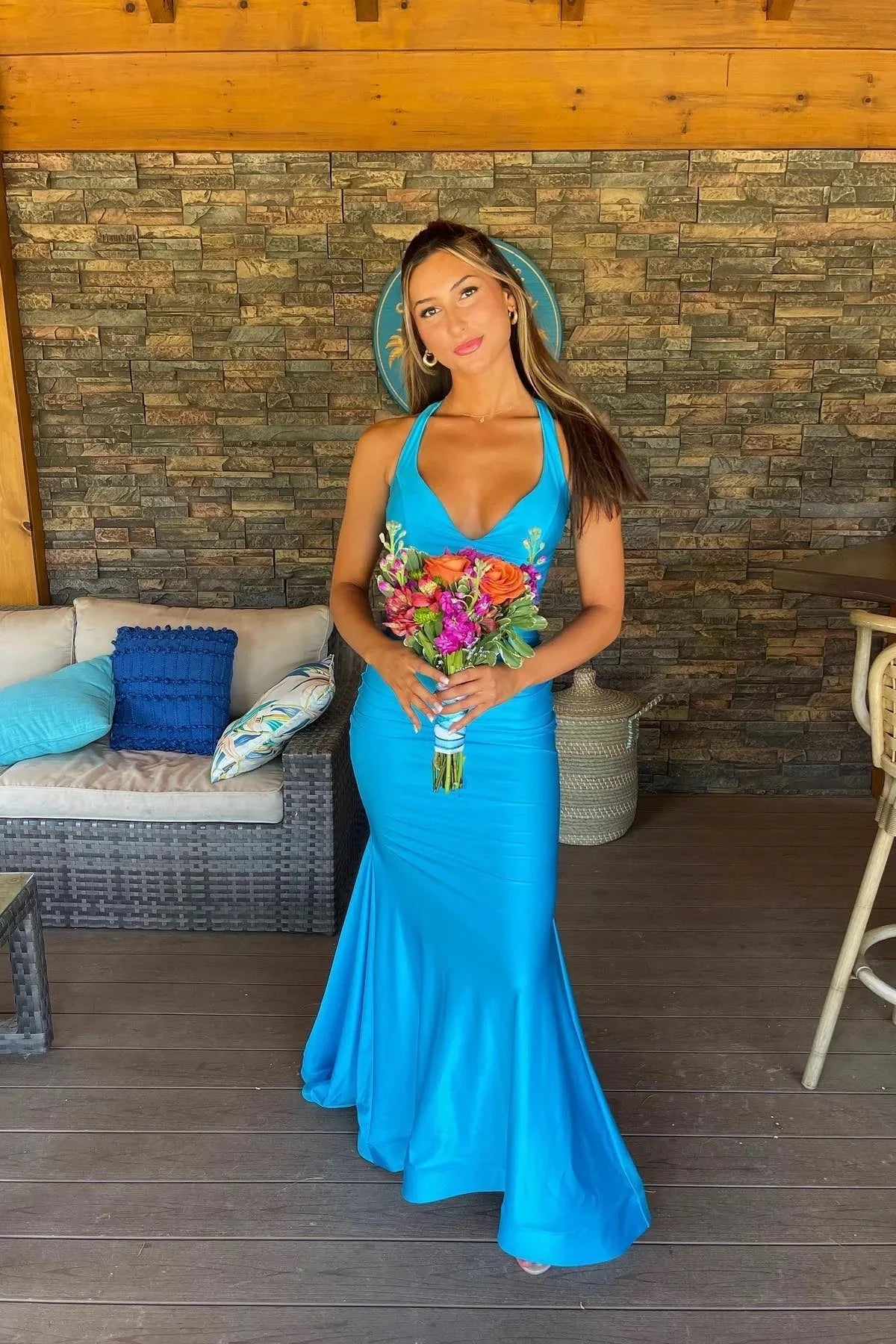 Satin Halter-Neck Deep V-Neck Cutout Back Ruched Mermaid Train Prom Dress by JiMiss Dresses
