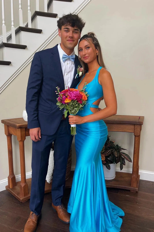Satin Halter-Neck Deep V-Neck Cutout Back Ruched Mermaid Train Prom Dress by JiMiss Dresses