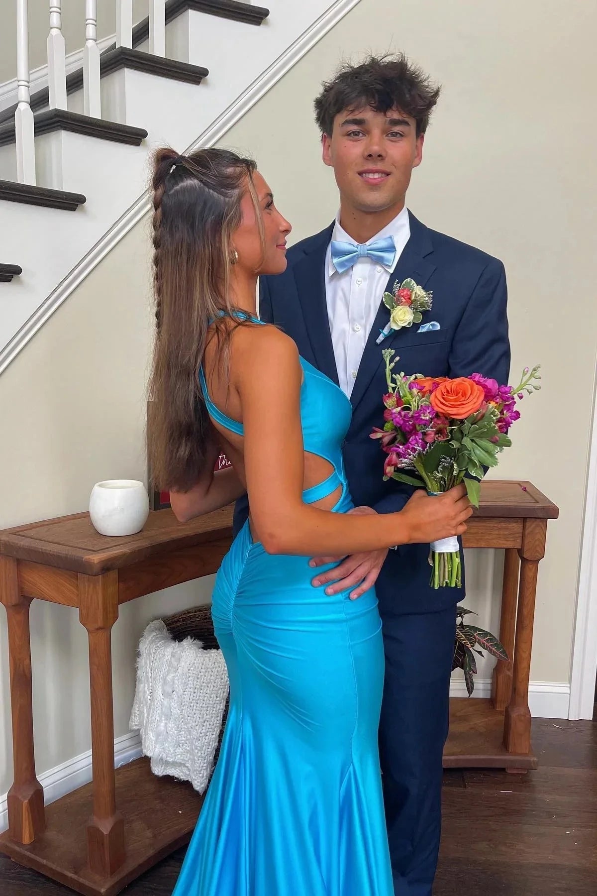 Satin Halter-Neck Deep V-Neck Cutout Back Ruched Mermaid Train Prom Dress by JiMiss Dresses