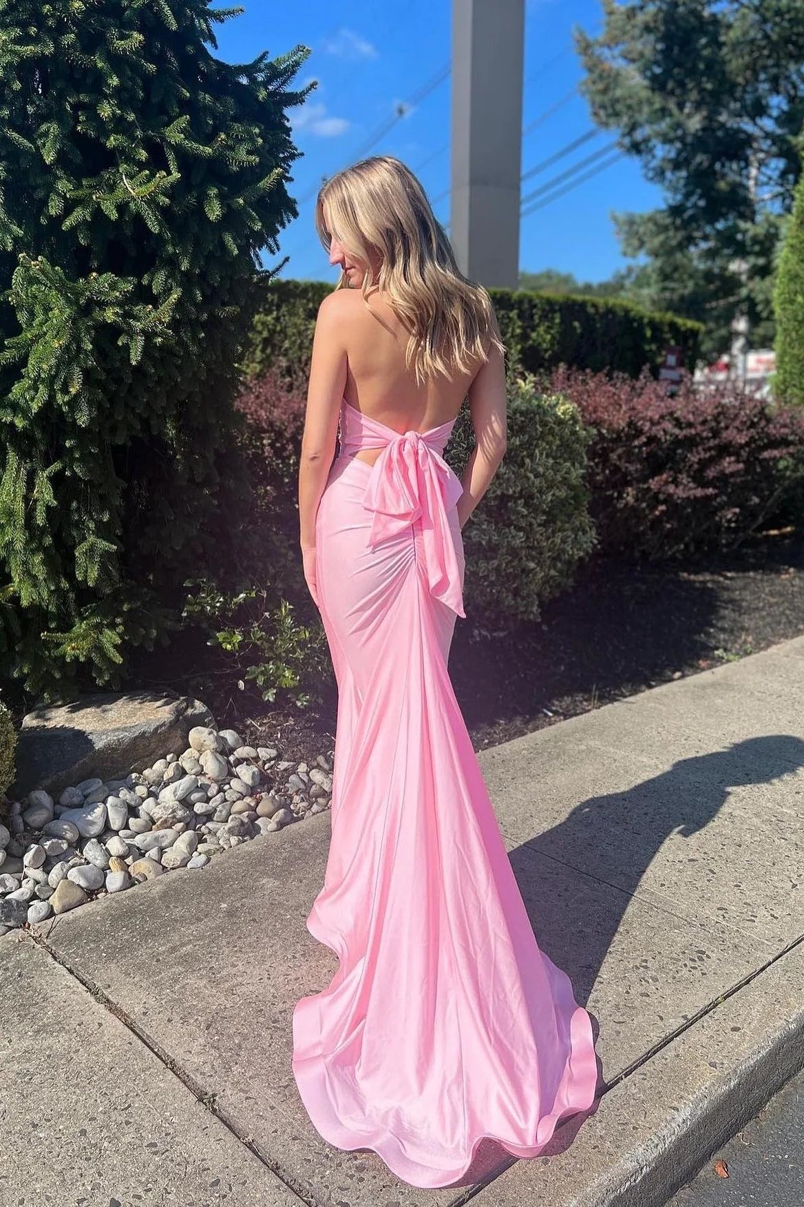 Satin Halter-Neck Deep V-Neck Open-Back Mermaid Train Prom Dress by JiMiss Dresses