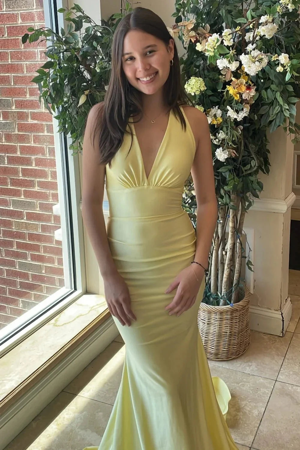 Satin Halter-Neck Deep V-Neck Open-Back Mermaid Train Prom Dress by JiMiss Dresses