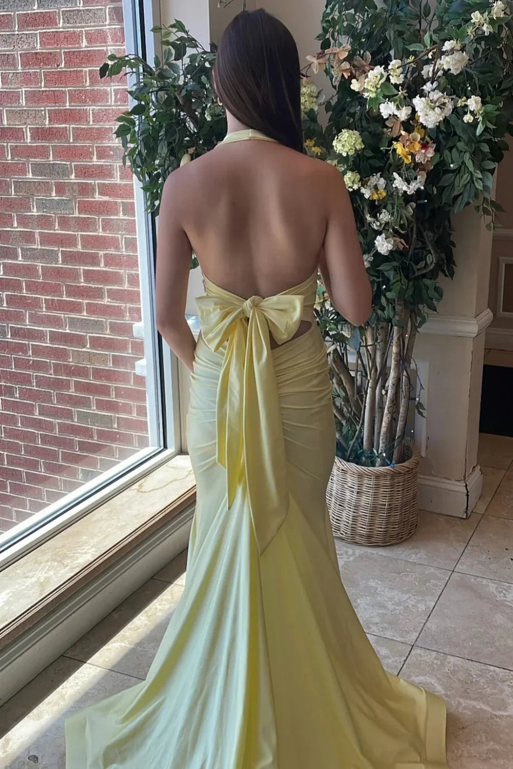 Satin Halter-Neck Deep V-Neck Open-Back Mermaid Train Prom Dress by JiMiss Dresses
