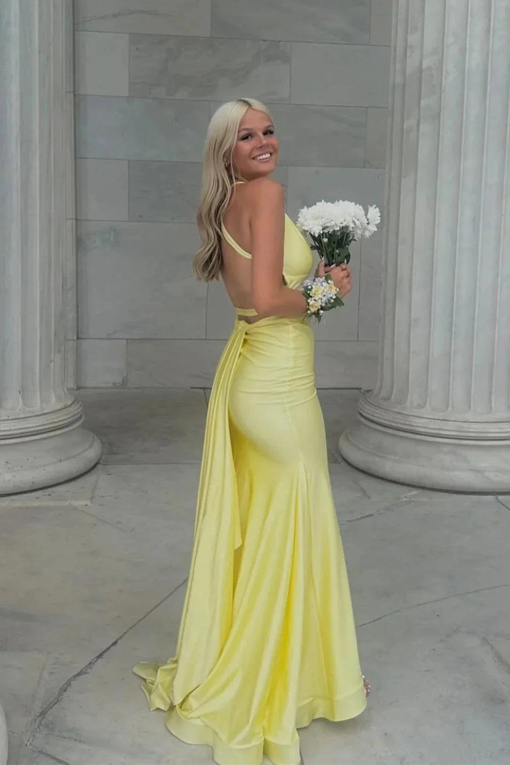 Satin Halter-Neck Sweetheart Open-Back Ruched Mermaid Train Prom Dress by JiMiss Dresses