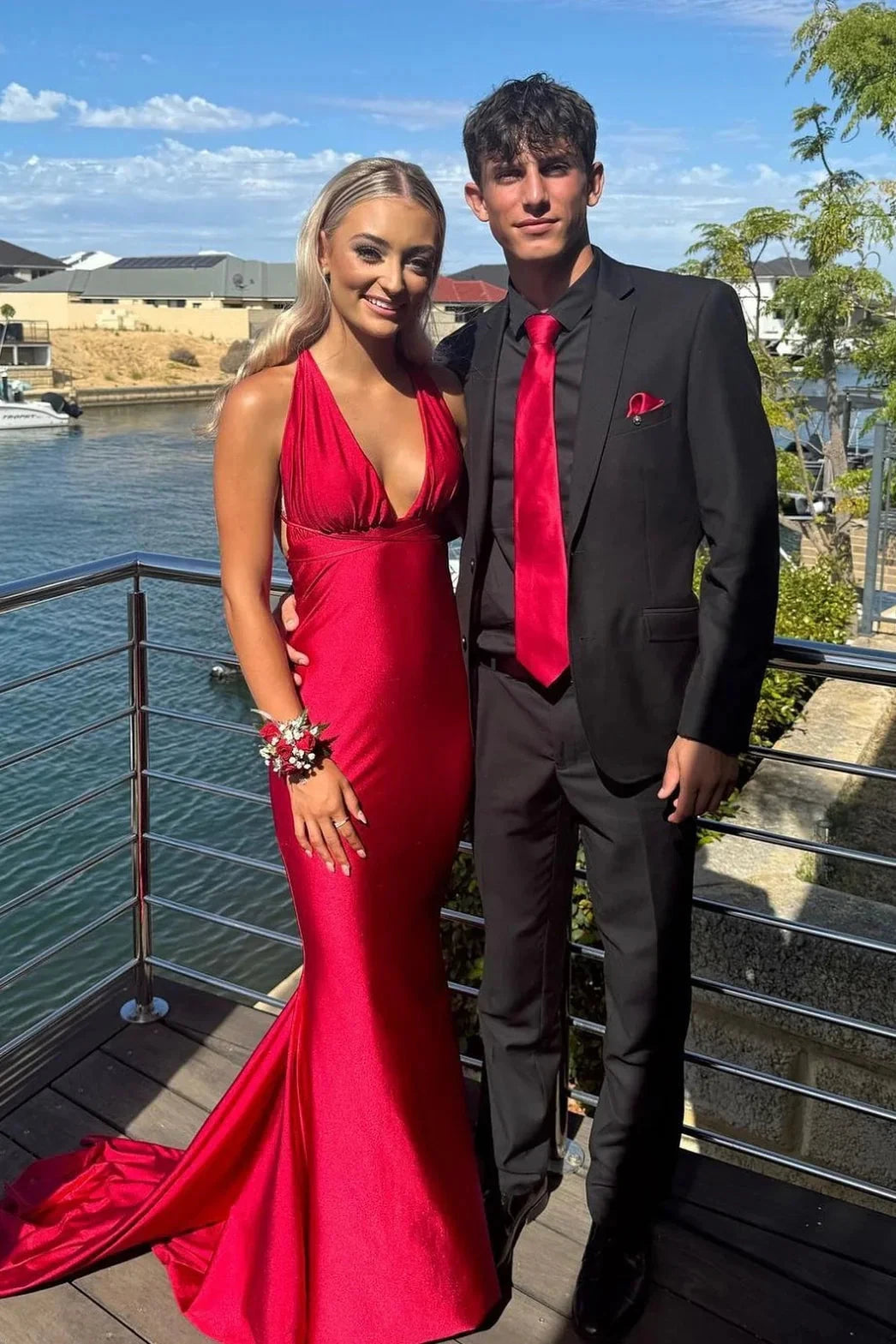 Satin Halter Deep V-Neck Open-Back Ruched Side Mermaid Train Prom Dress by JiMiss Dresses