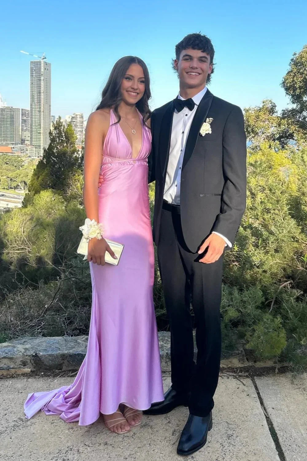 Satin Halter Deep V-Neck Open-Back Ruched Side Mermaid Train Prom Dress by JiMiss Dresses
