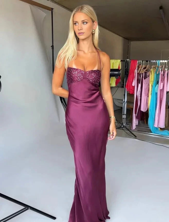 Satin Halter Neck Beaded Bodice Lace-Up Open-Back High-Slit Floor-Length Glamorous Formal Evening Dress by YiHuiw