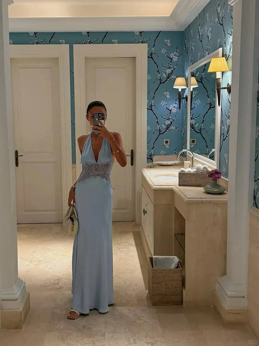Satin Halter Neck Lace-Accent Adjustable-Tie Open-Back Floor-Length Elegant Formal Evening Dress by YiHuiw