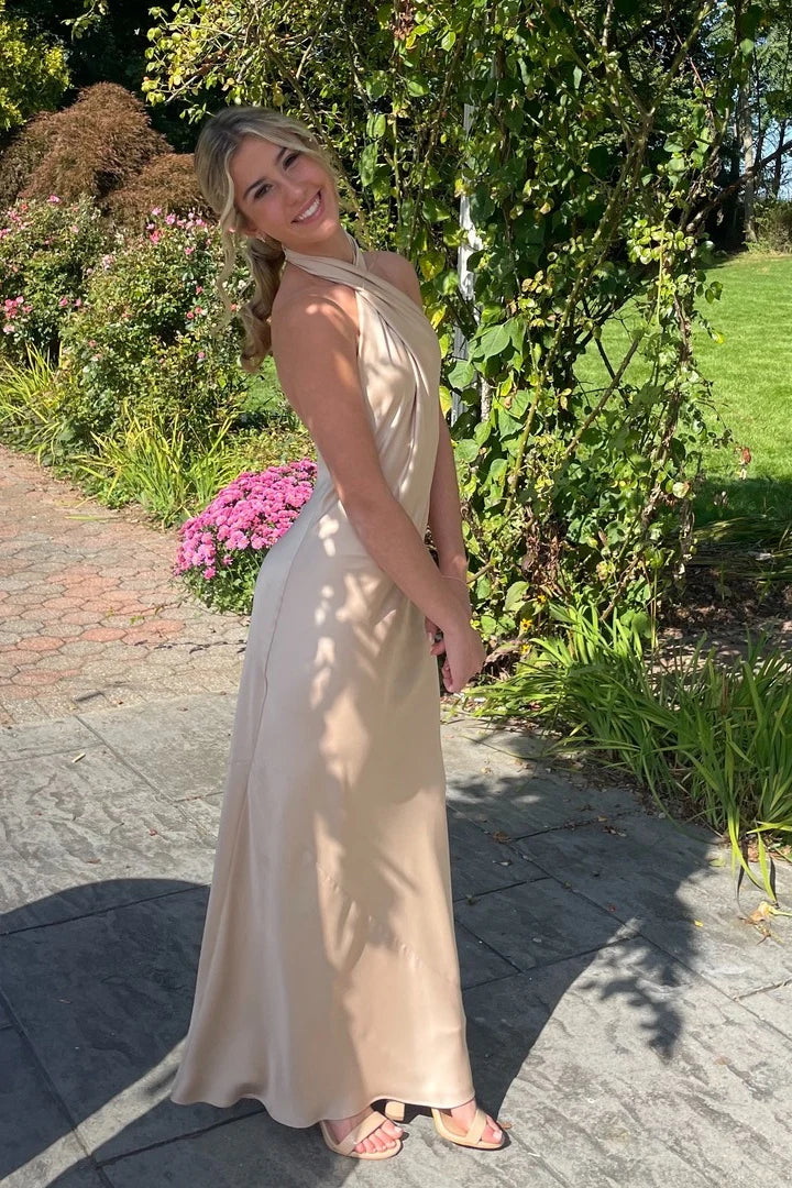 Satin Halter Prom Dress with Twist Front, Open Back & Floor-Length Silhouette by JiMiss Dresses