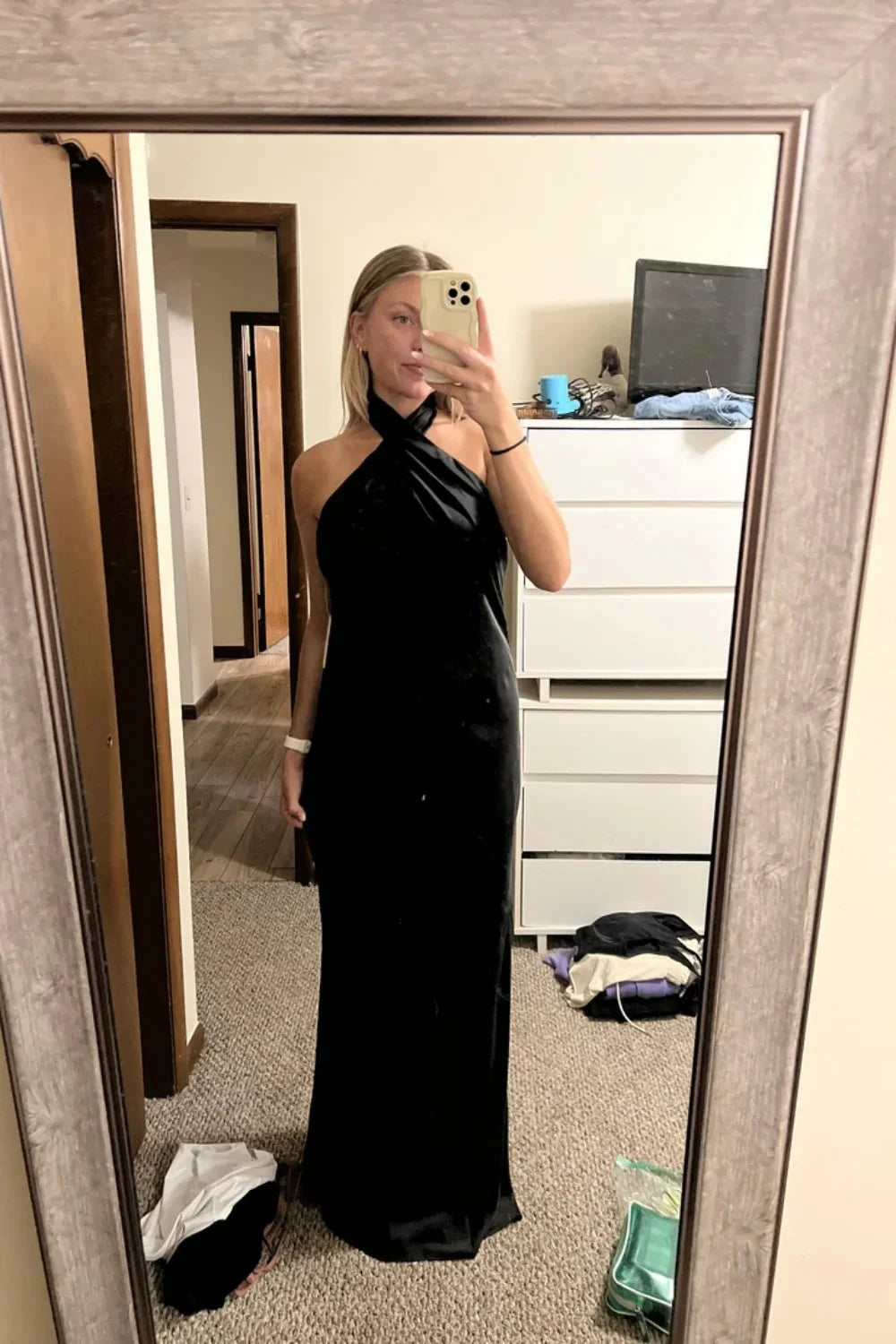 Satin Halter Prom Dress with Twist Front, Open Back & Floor-Length Silhouette by JiMiss Dresses