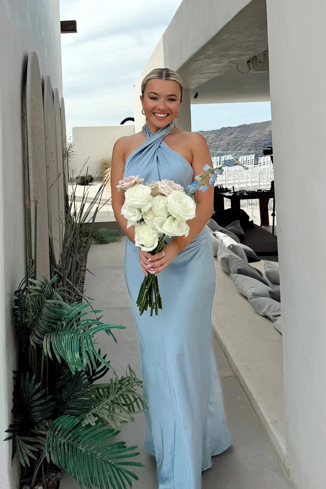 Satin Halter Prom Dress with Twist Front, Open Back & Floor-Length Silhouette by JiMiss Dresses