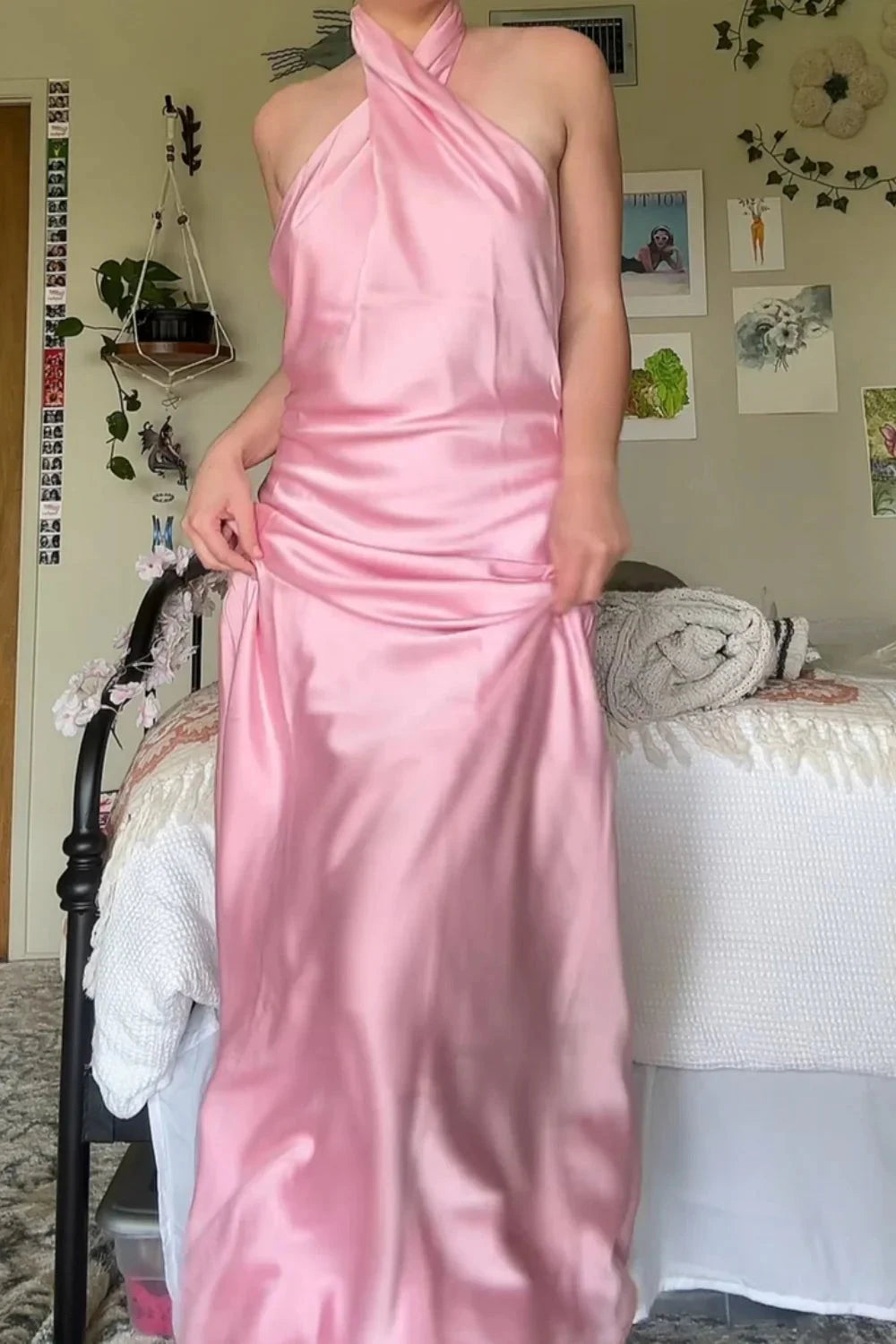 Satin Halter Prom Dress with Twist Front, Open Back & Floor-Length Silhouette by JiMiss Dresses