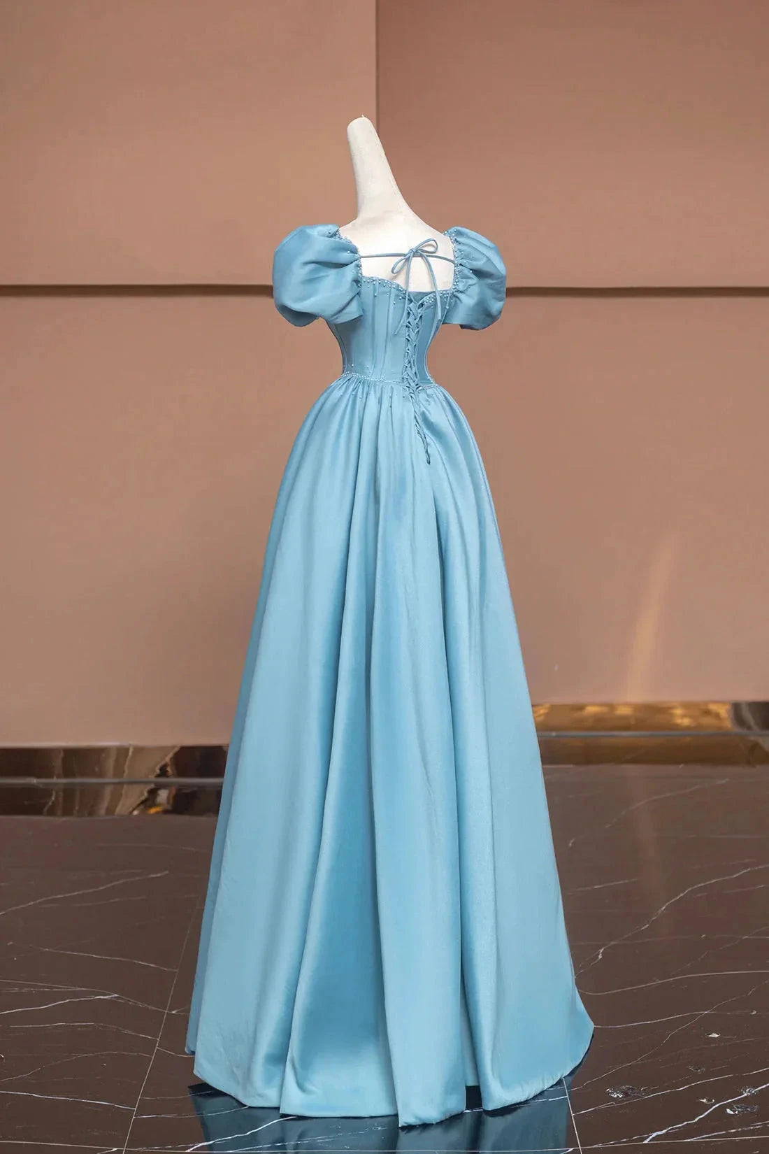 Satin Long A-Line Prom Dress with Pearls Cute Short Sleeve Evening Dress Simple Short Bridesmaid Dresses by YiHuiw