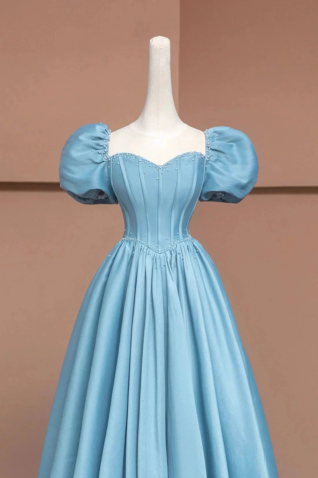 Satin Long A-Line Prom Dress with Pearls Cute Short Sleeve Evening Dress Simple Short Bridesmaid Dresses by YiHuiw