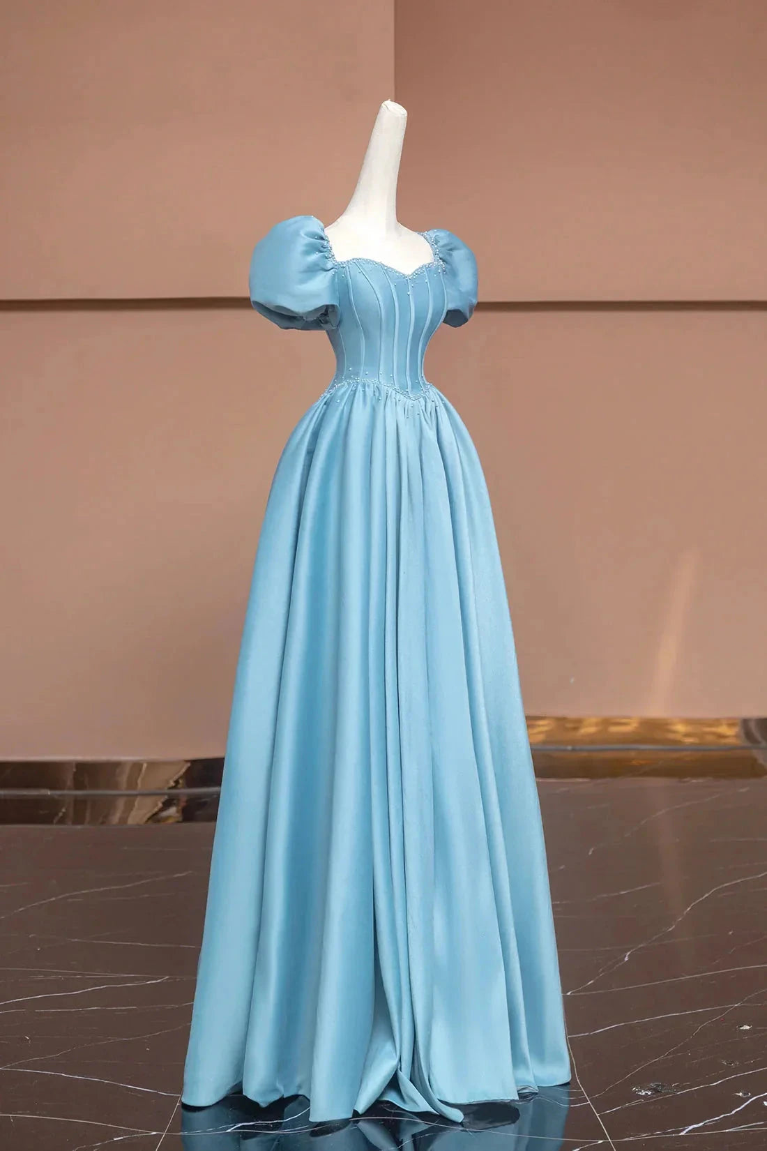 Satin Long A-Line Prom Dress with Pearls Cute Short Sleeve Evening Dress Simple Short Bridesmaid Dresses by YiHuiw