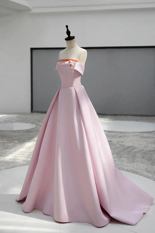 Satin Long A-line Prom Dress Pink Strapless Evening Party Dress simple gentle atmospheric and unique desi Bring summer by YiHuiw