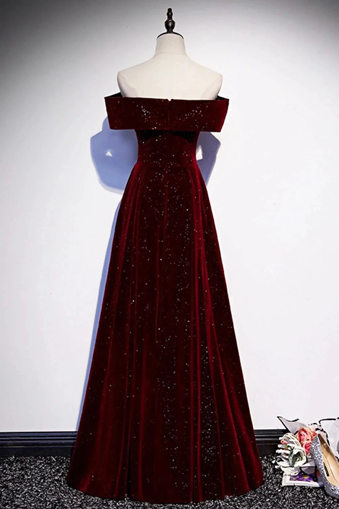 Satin Long Pleated Long Prom Dress Elegant Short Sleeve Evening Party Dress Discount Long Bridesmaid Dresses Burgundy Velvet Long Prom Dress, Off the Shoulder Evening Party Dress by YiHuiw
