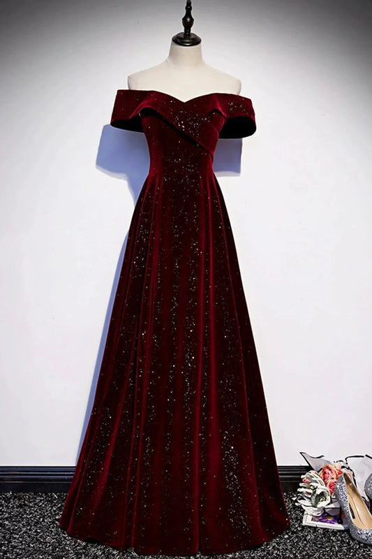 Satin Long Pleated Long Prom Dress Elegant Short Sleeve Evening Party Dress Discount Long Bridesmaid Dresses Burgundy Velvet Long Prom Dress, Off the Shoulder Evening Party Dress by YiHuiw