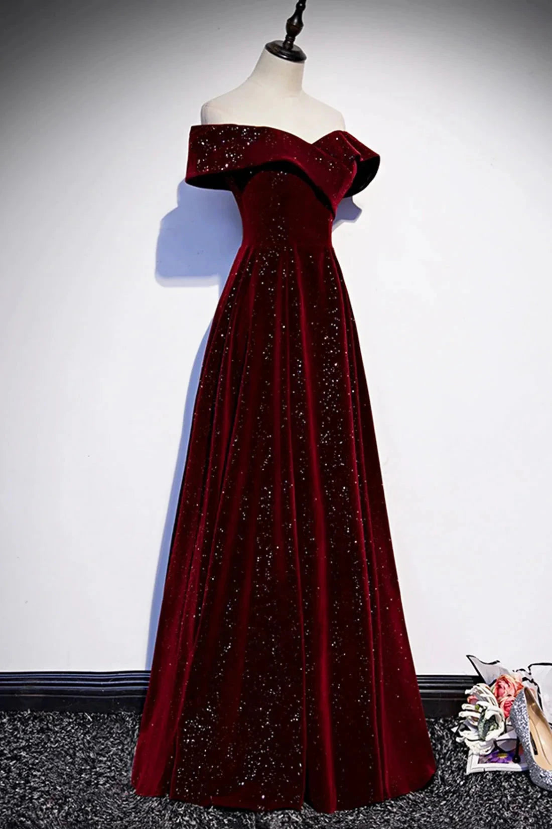 Satin Long Pleated Long Prom Dress Elegant Short Sleeve Evening Party Dress Discount Long Bridesmaid Dresses Burgundy Velvet Long Prom Dress, Off the Shoulder Evening Party Dress by YiHuiw