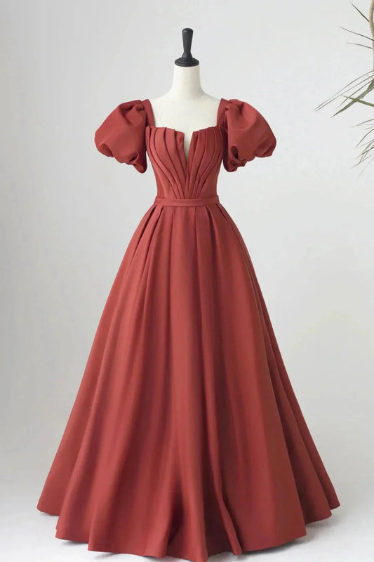 Satin Long Pleated Long Prom Dress Elegant Short Sleeve Evening Party Dress Discount Long Bridesmaid Dresses by YiHuiw